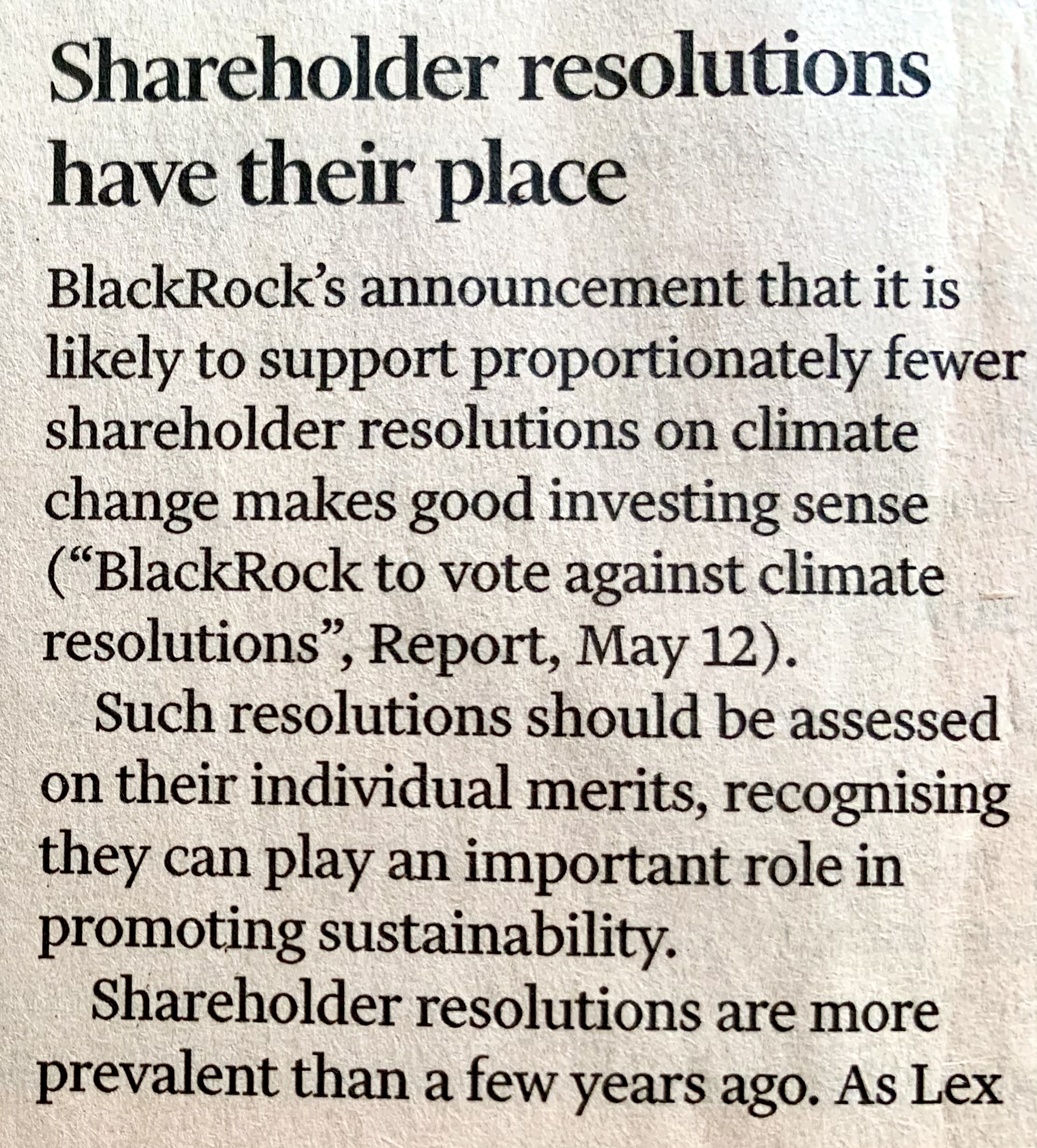 FT letter start Shareholder re